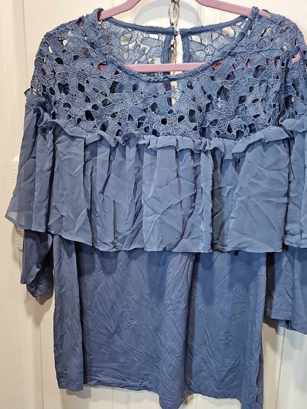 Lane Bryant Dusty Blue Crochet Yoke Ruffle Top